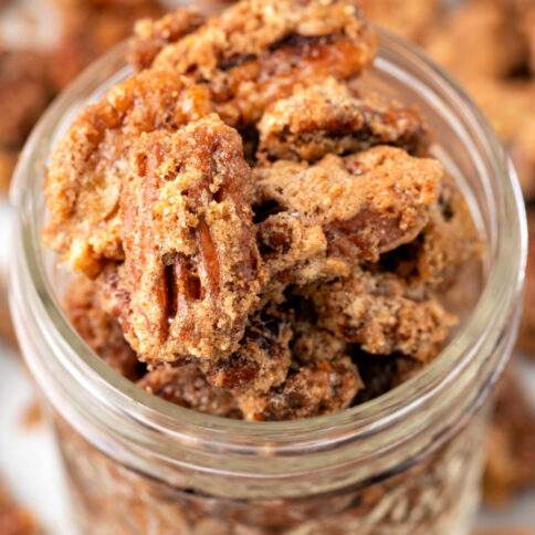 Air Fryer Candied Pecans in a jar