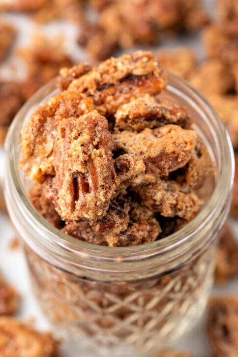 Air Fryer Candied Pecans in a jar