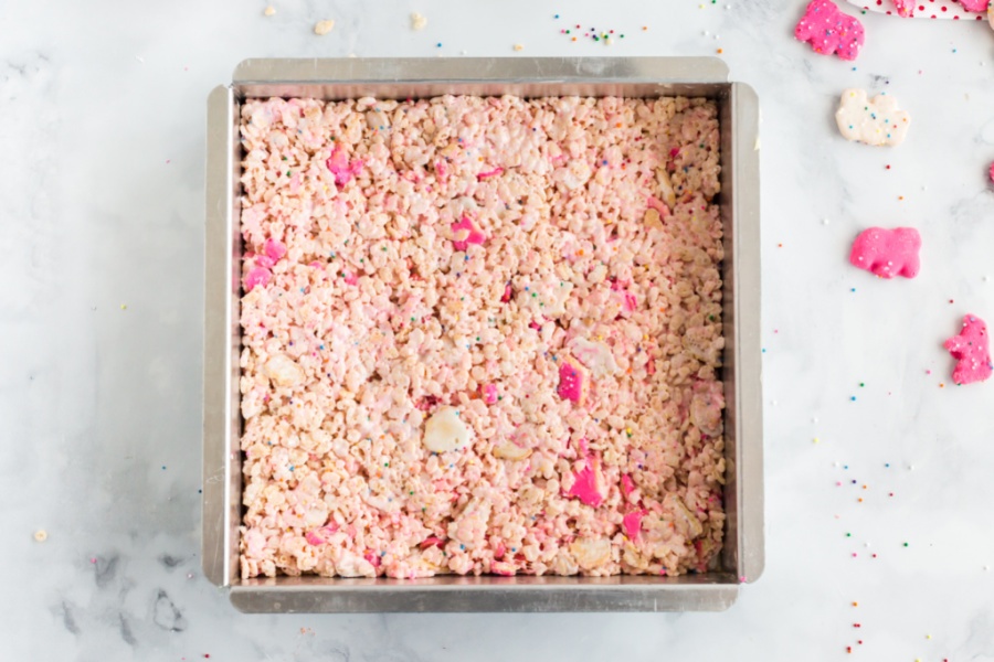 Rice Krispie mixture in a backing pan