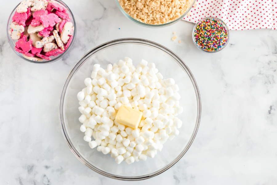 mini marshmallows and butter slices in a bowl