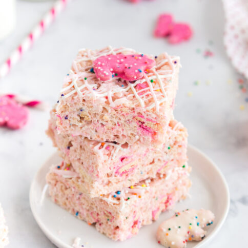 3 rice krispie treats stacked on a plate