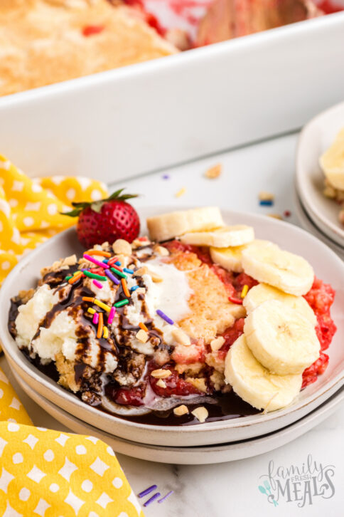 Banana Split Dump Cake on plate