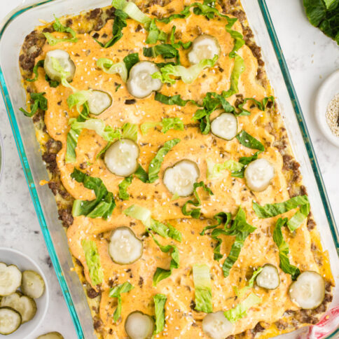 Big Mac Casserole in a baking dish