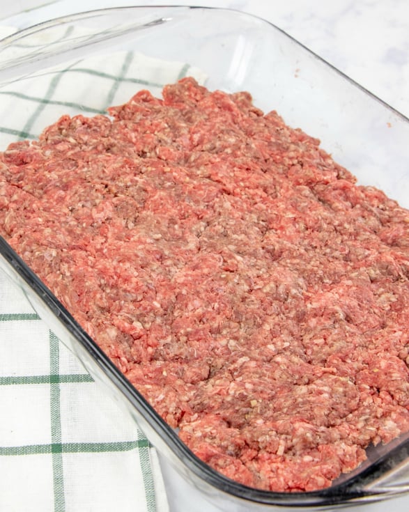 Big Mac Sliders - ground beef in glass backing dish