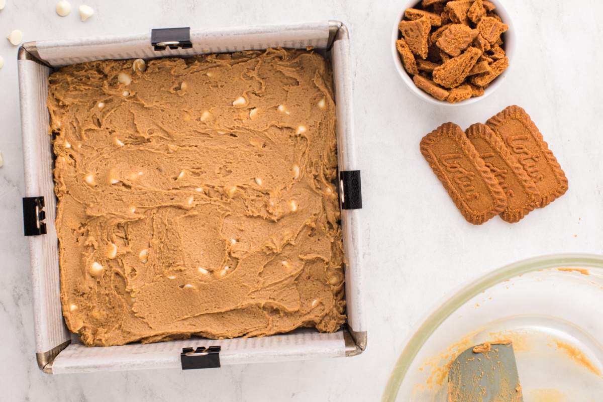 blondie batter placed into baking pan