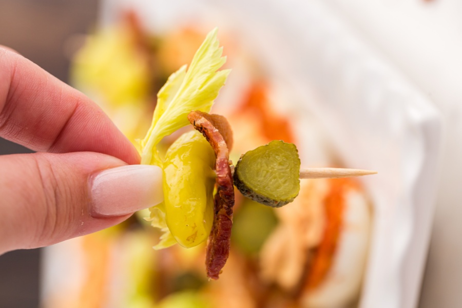 hardboiled egg garnishes on toothpick