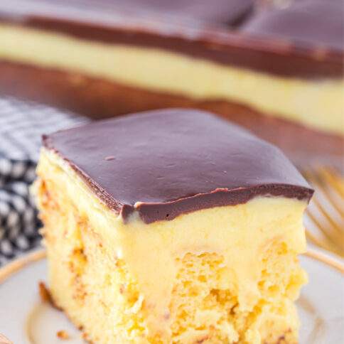 Boston Cream Poke Cake on a plate