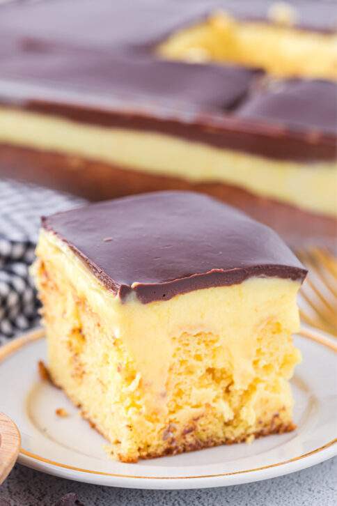 Boston Cream Poke Cake on a plate