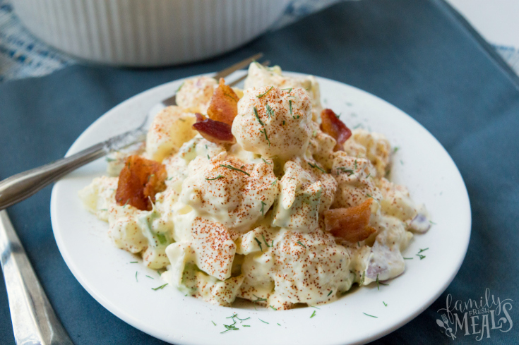 Cauliflower Potato Salad served in a white bowl