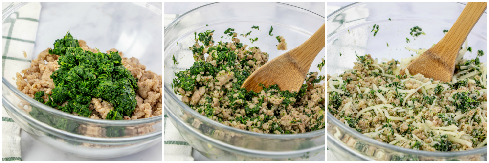 Cheesy Sausage Spinach Bread - mixing ingredients in a large mixing bowl