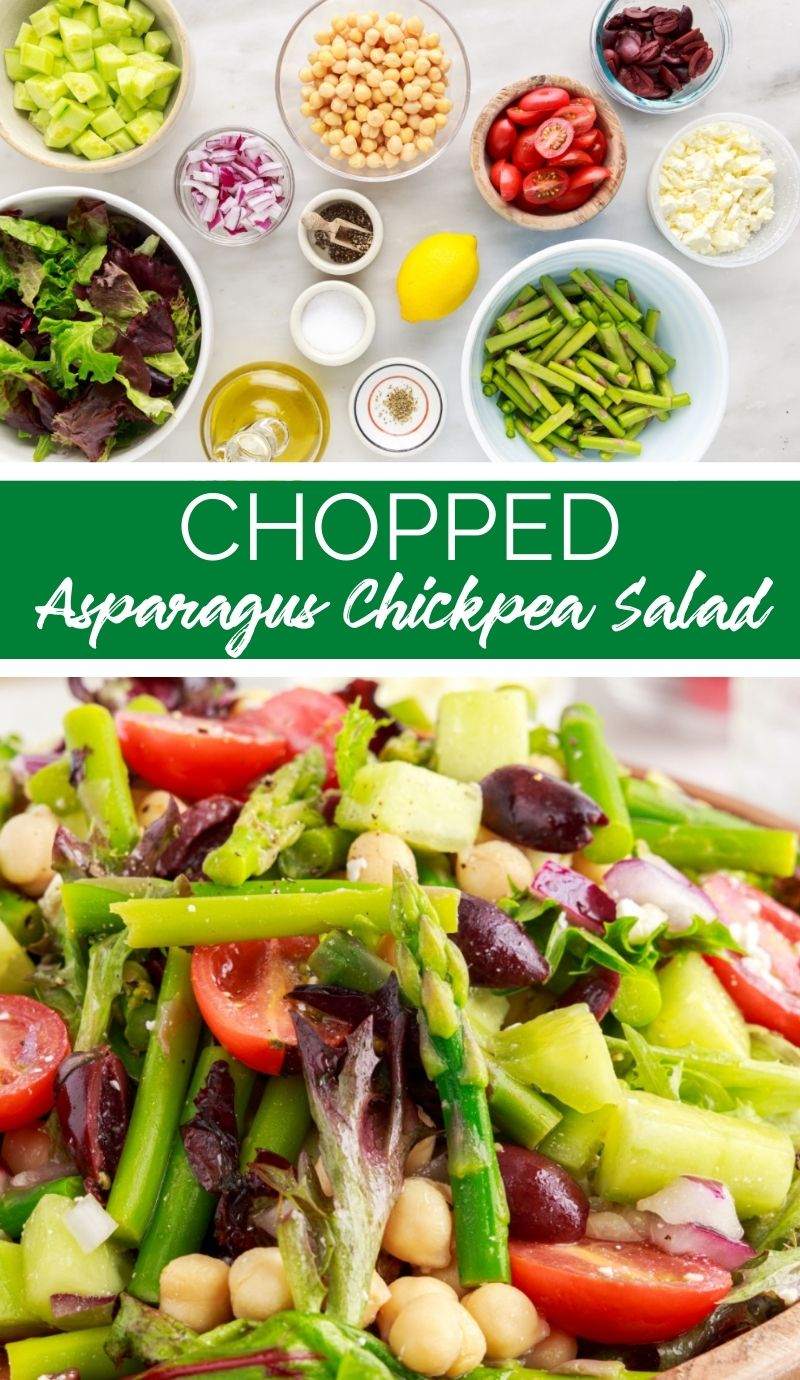 This fresh Chopped Asparagus and Chickpea Salad is loaded with fresh asparagus and chickpeas, tomatoes, cucumber, olives, and feta cheese. via @familyfresh