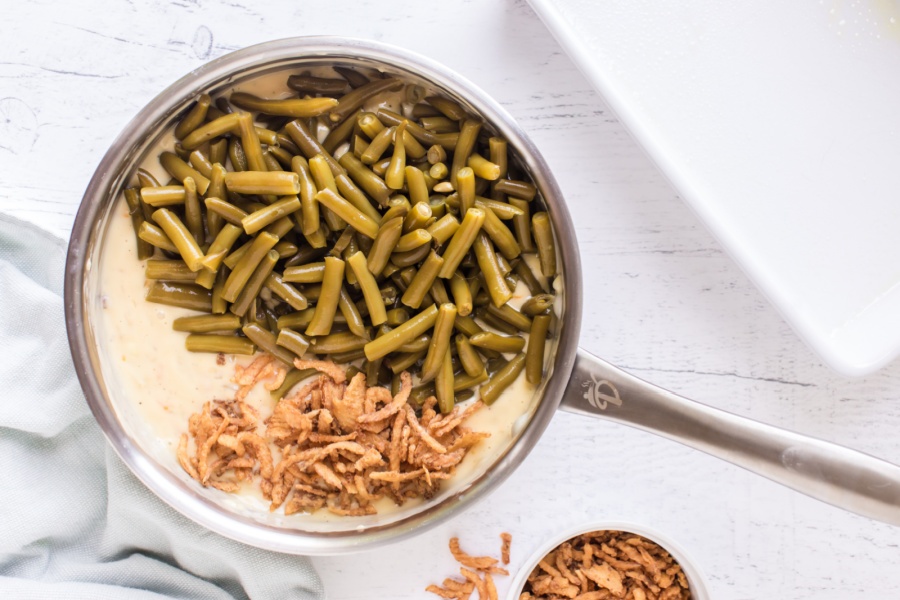 adding in green beans and some fried onions