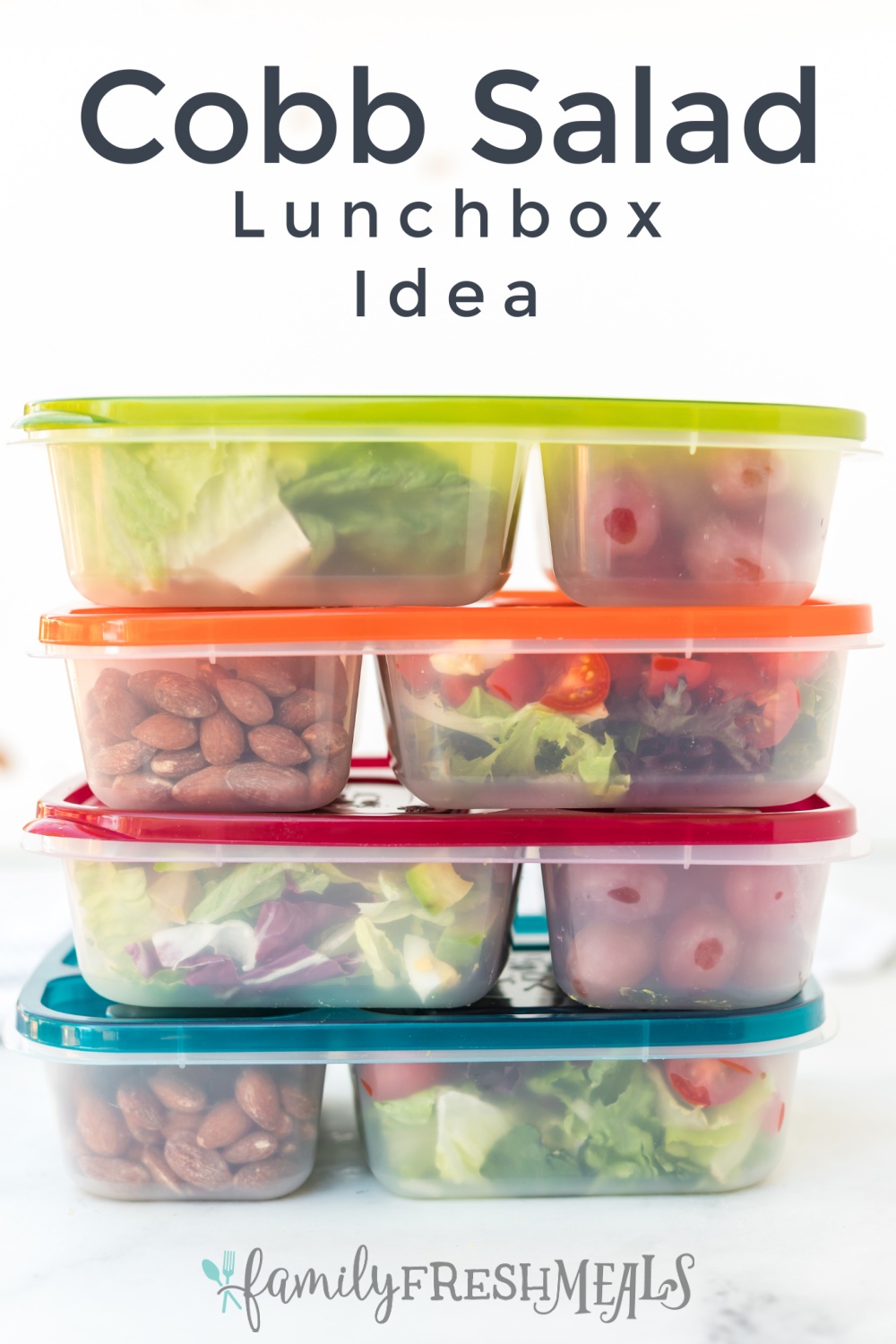 4 lunchboxes stacked on top of each other with words on top saying Cobb Salad Lunchbox Idea