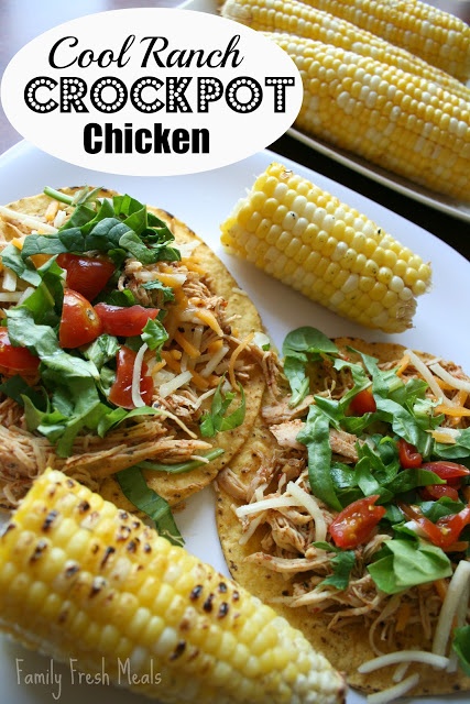 Cool Ranch Crockpot Chicken served on tostadas with a side of corn on the cob