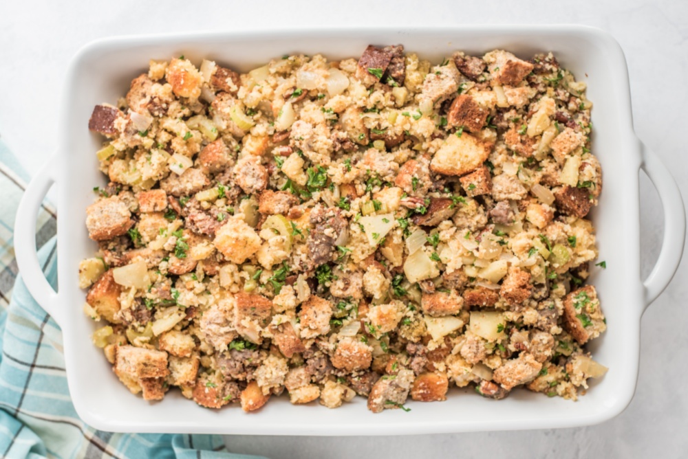 cornbread stuffing in baking dish