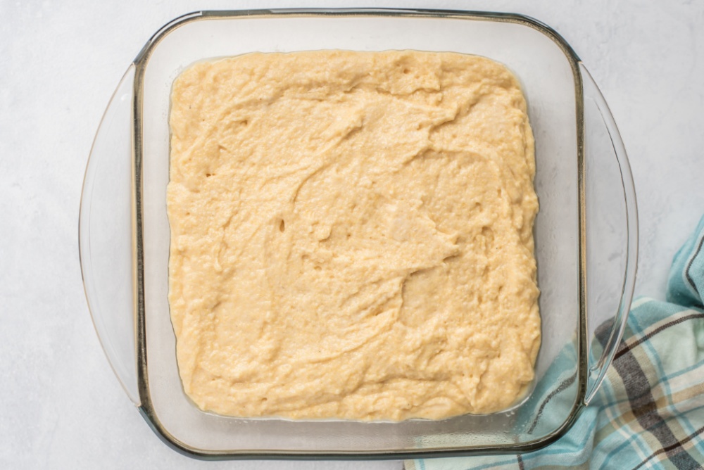 cornbread batter in a baking pan