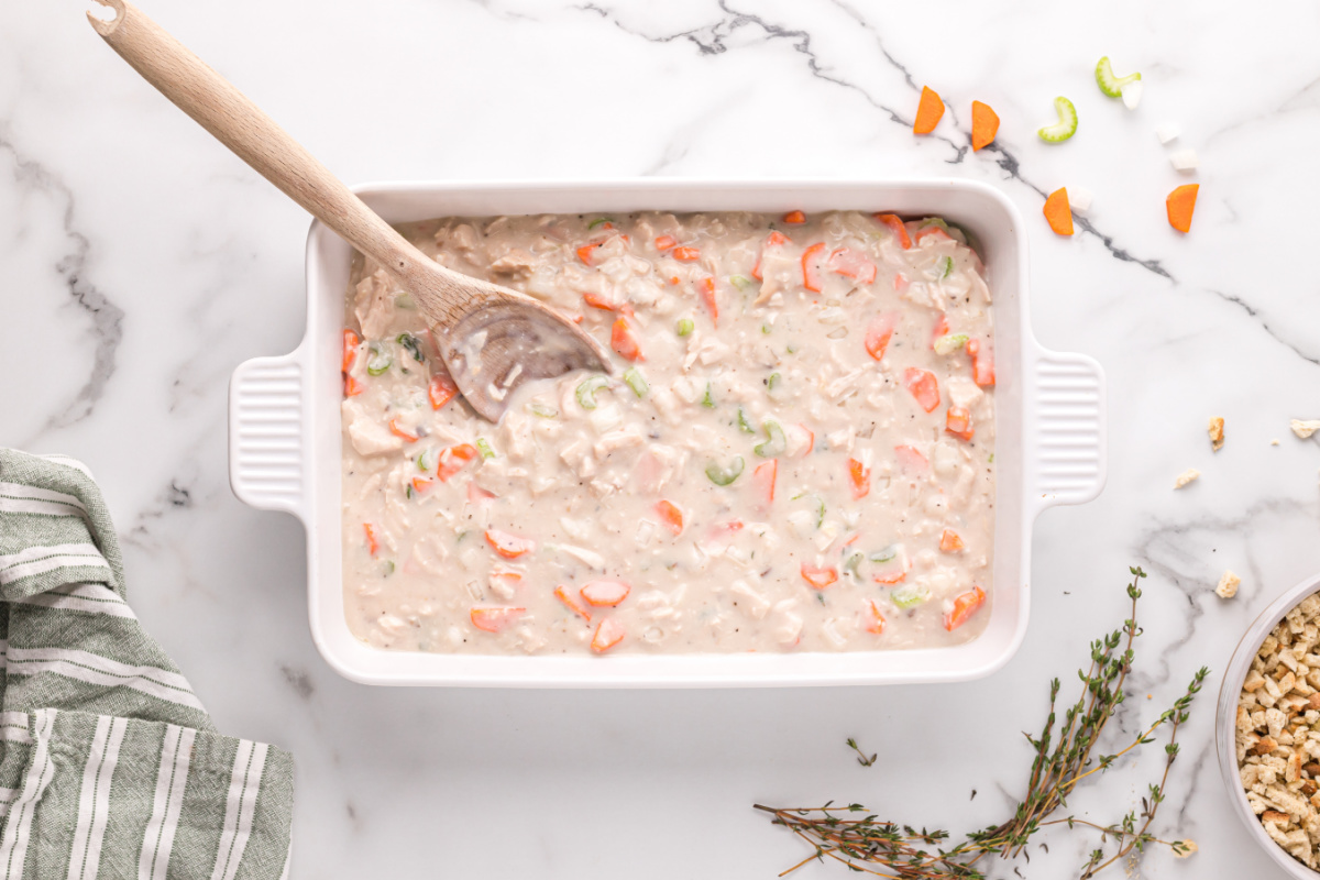 creamy  Casserole mixture in baking dish