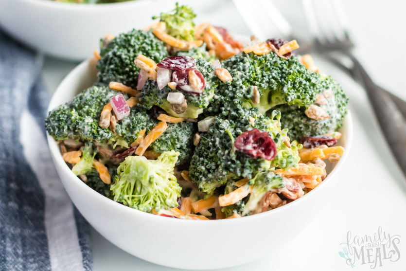 Creamy Broccoli Salad - served in a white bowl