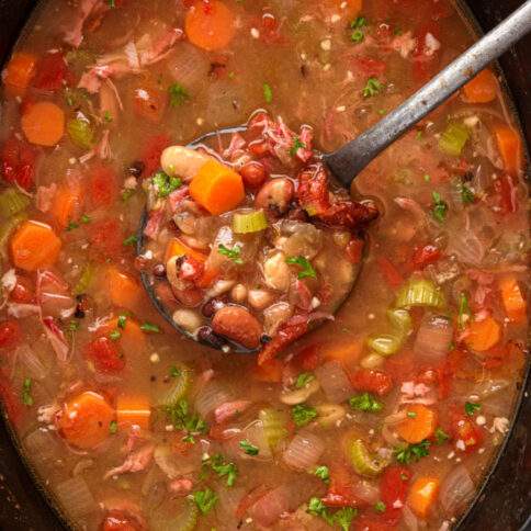 Crockpot 15 Bean Soup in slow cooker with ladle