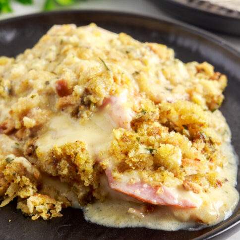 Crockpot Chicken Cordon Bleu and Stuffing on a plate