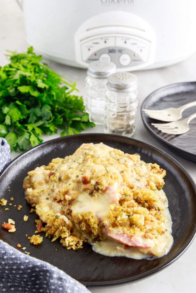 Crockpot Chicken Cordon Bleu and Stuffing on a plate