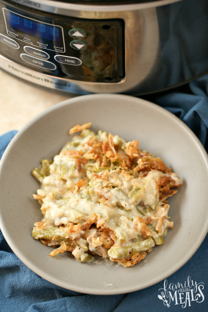 Crockpot Easy Green Bean Casserole served in a grey bowl