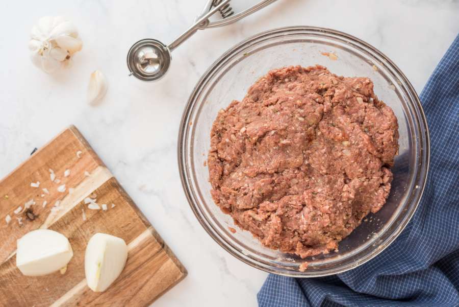 meatball mixture in mixing bowl