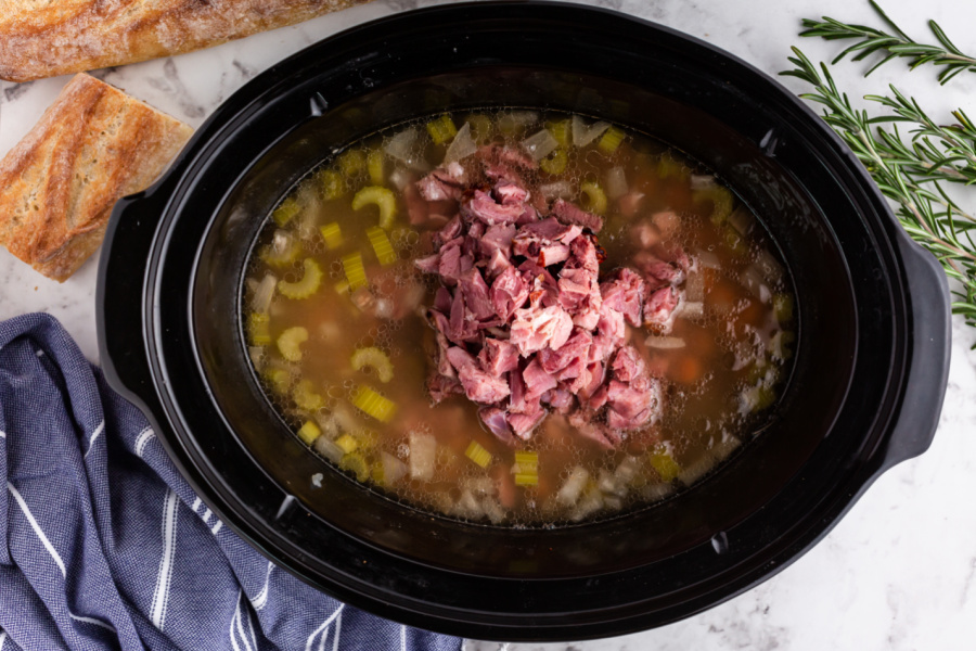 adding chopped ham to soup