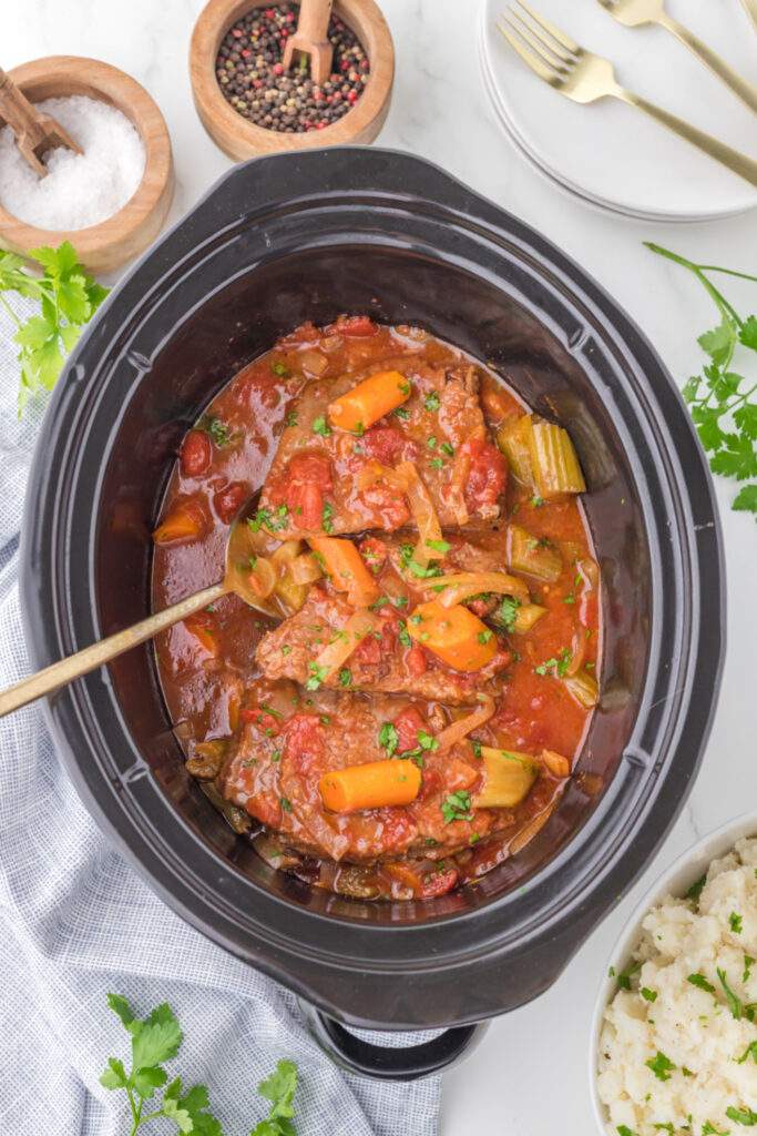 Crockpot Swiss Steak Dinner in a slow cooker