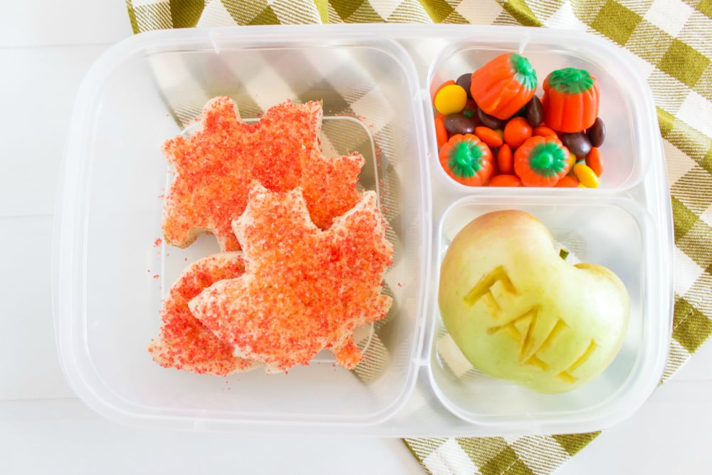 Cute Fall Lunchbox Ideas - fall leaves, apple and candy mix packed for lunch