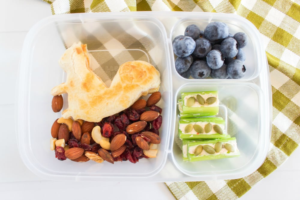 Cute Fall Lunchbox Ideas - squirrel shaped quesadilla, nut mix, celery and blueberries packed for lunch