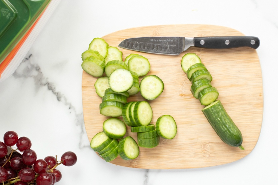 Sliced cucumbers on a cutting board