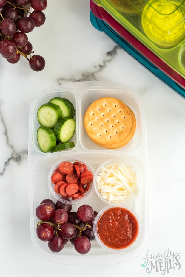 - top down image of DIY Pizza Lunchable lunchboxes