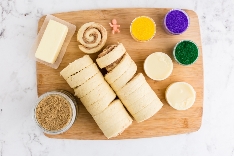 ingredients for easy king cake recipe on cutting board