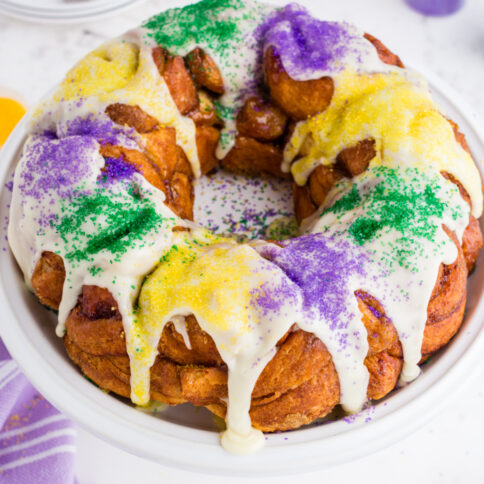 king cake on a white platter