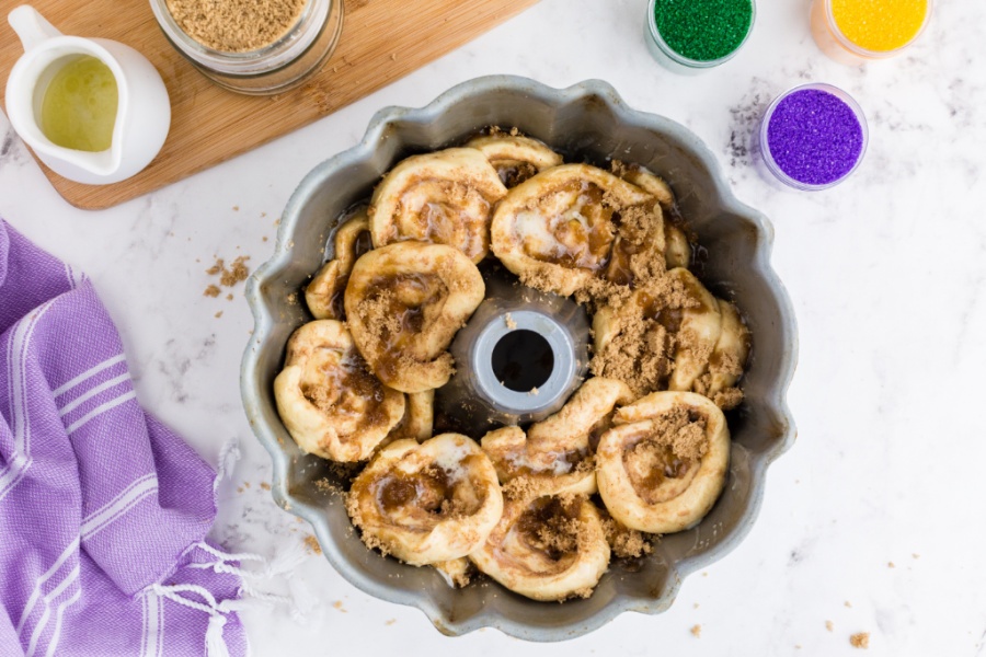 more cinnamon rolls added to pan with butter and brown sugar