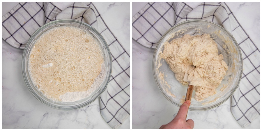 Mixing beer into dry ingredients to make dough