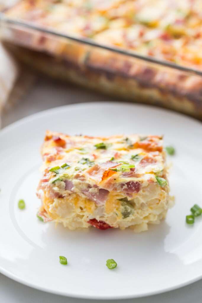 slice of breakfast casserole on a plate