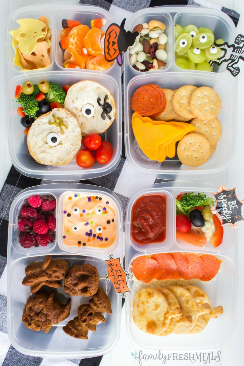 Four Fun Halloween Food Lunchbox Ideas, with steps on how to make each one! #familyfreshmeals #halloween #lunchbox #lunchboxes #halloweenlunchboxes #halloweenfood #funfood #schoollunch via @familyfresh