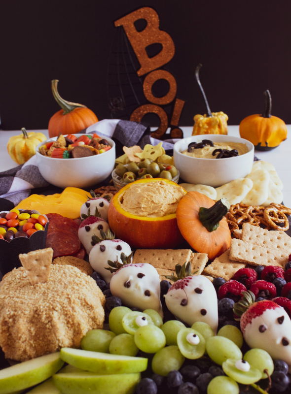 Halloween Appetizer Snack Board Idea - Spooky fun food on a black food board