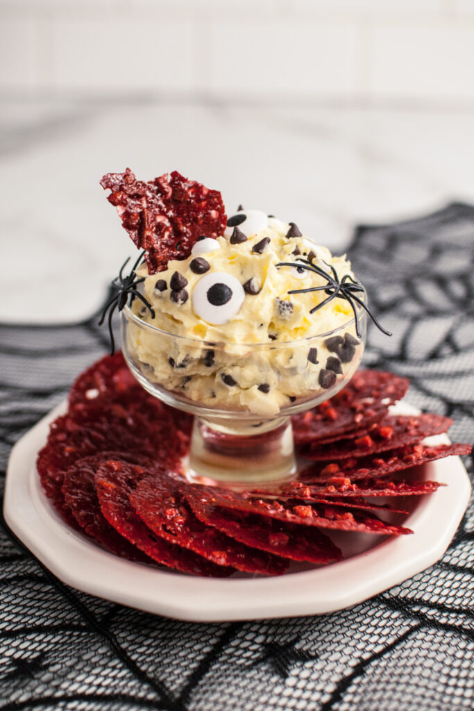 Halloween Spooky Cannoli Dip with Lace Cookies on a serving platter