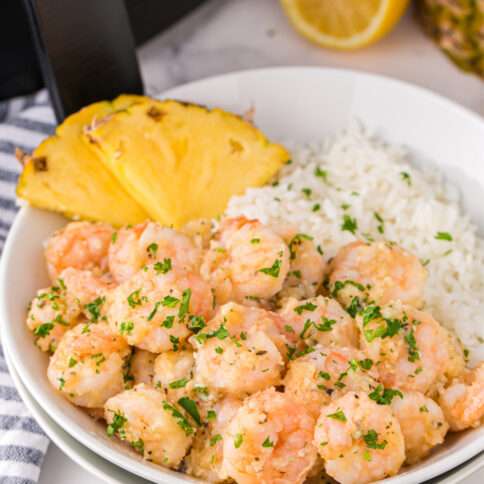 Hawaiian Garlic Shrimp In a bowl with rice