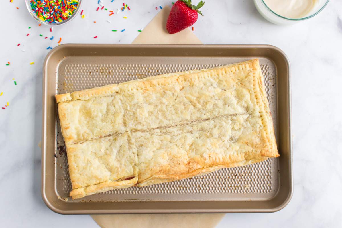 giant pop tart on a baking dish