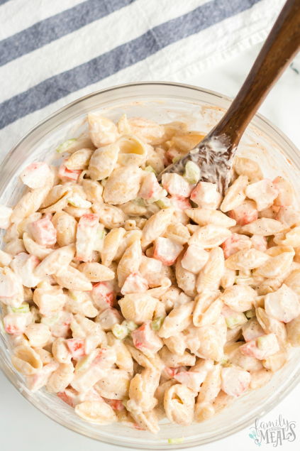 Homestyle Seafood Pasta Salad - Pasta salad mixed in a mixing bowl