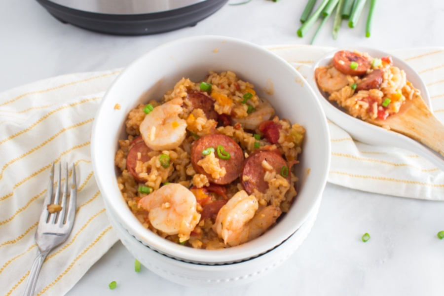 Instant Pot Jambalaya in a white bowl