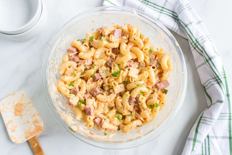 Reuben Pasta salad in a mixing bowl