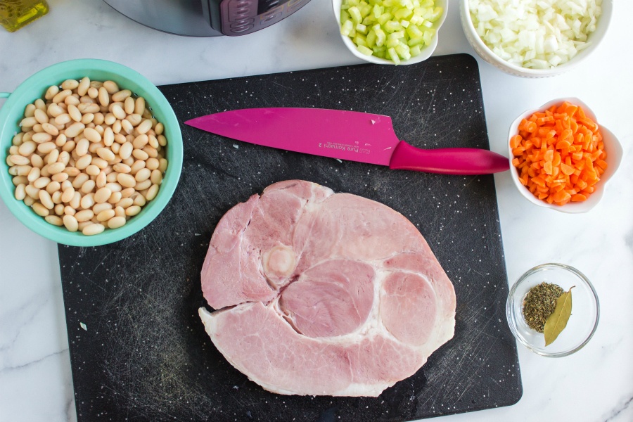 Ingredients on cutting board and mixing bowls