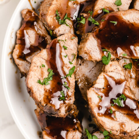 Instant Pot Pork Tenderloin with Honey Balsamic Sauce on a plate