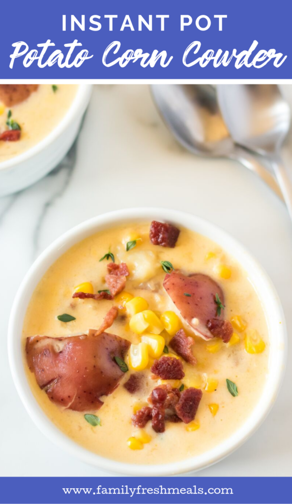 Instant Pot Potato Corn Chowder - served in small white bowls