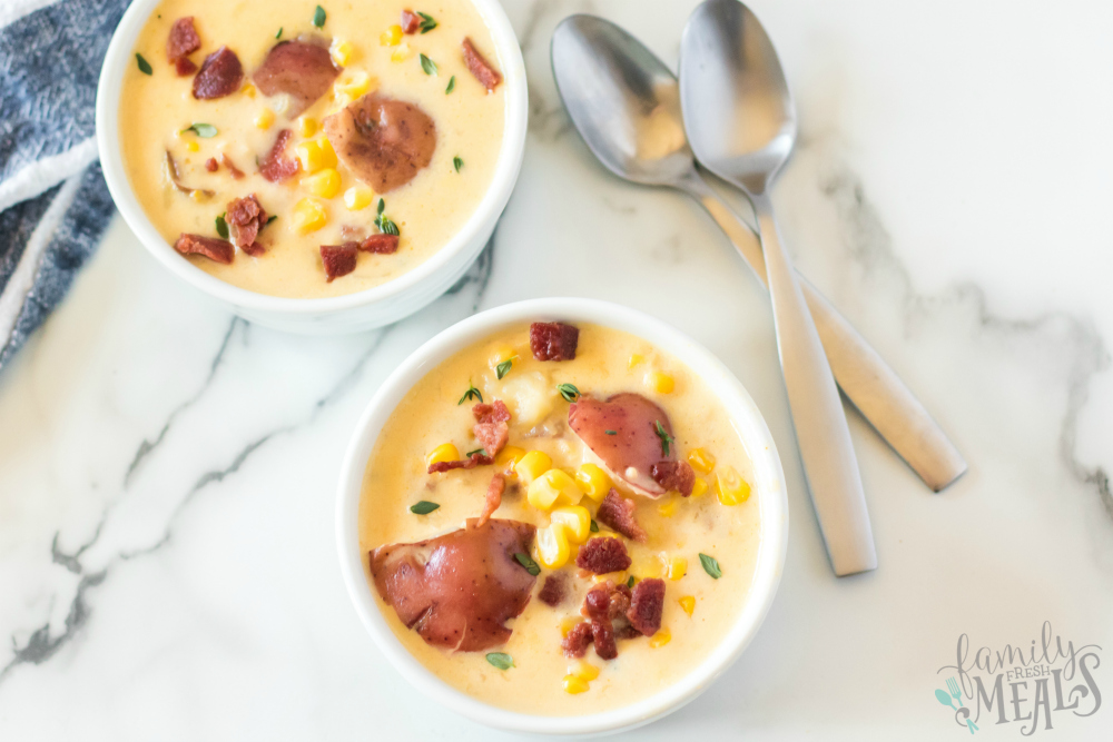 Instant Pot Potato Corn Chowder - served in small white bowls